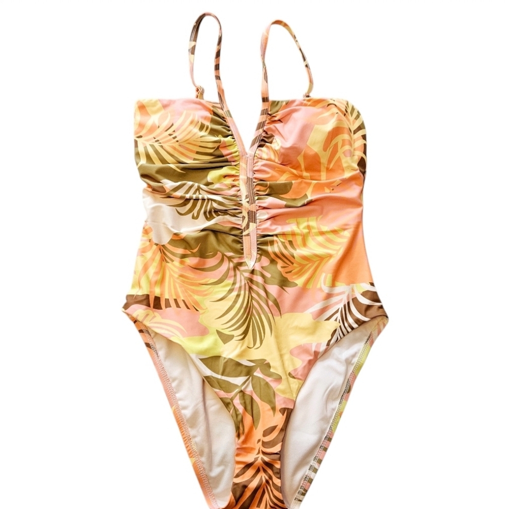 Sanctuary Tropical Floral Ruched One-Piece Swimsuit Medium NWT Pink Orange Green